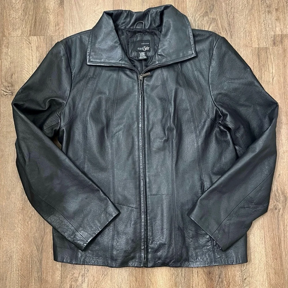 East 5th Genuine Leather Jacket Black Zip Front Lined‎ Coat Size XL
